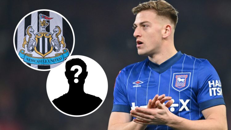 Liam Delap claps the Ipswich Town fans, Newcastle United badge on a flag, mystery player