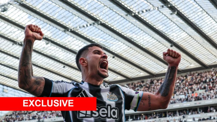 Bruno Guimaraes celebrates as Newcastle United qualify for the Champions League.