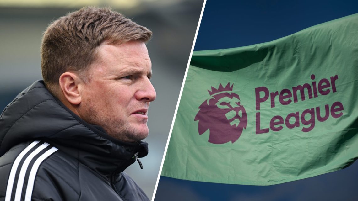 Split image: Newcastle United manager Eddie Howe (L). The Premier League logo on a green flag.