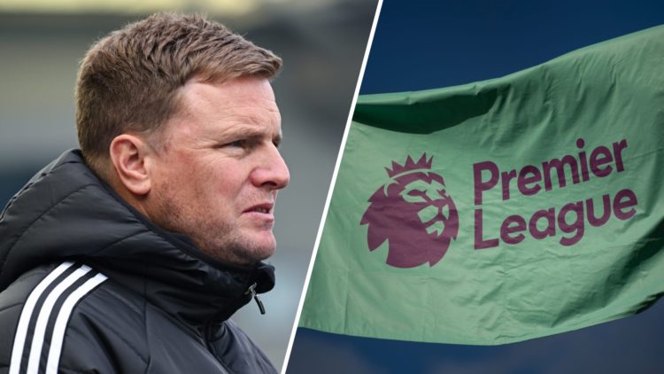 Split image: Newcastle United manager Eddie Howe (L). The Premier League logo on a green flag.