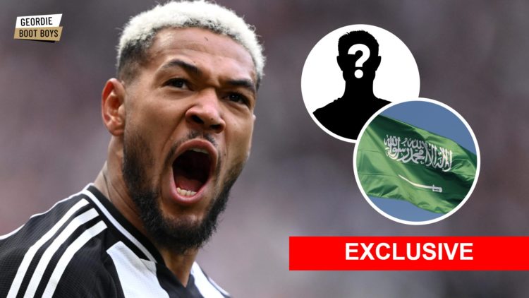 Joelinton shouts during a Newcastle United game, Saudi Arabia flag, mystery player