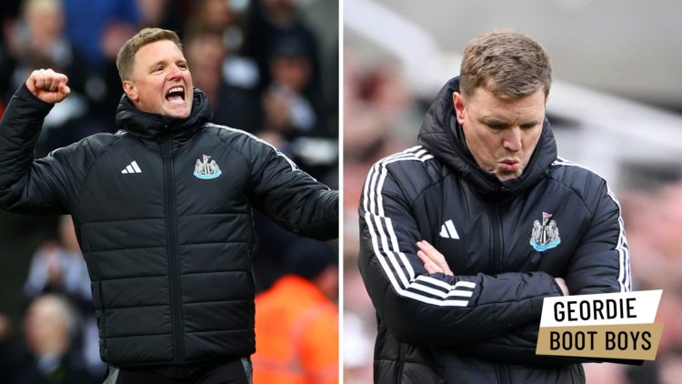 Eddie Howe celebrates after Newcastle United beat Arsenal. Eddie Howe looks dejected during a Premier League game for Newcastle United.