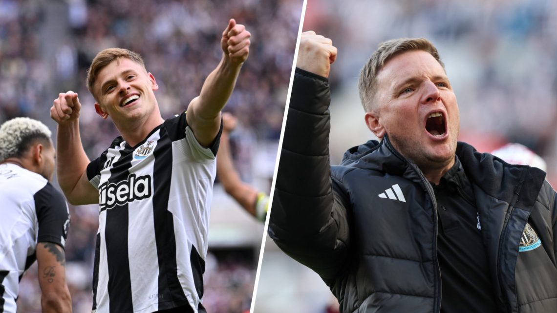 Harvey Barnes celebrates scoring for Newcastle United, Eddie Howe celebrates Newcastle United qualifying for the Champions League