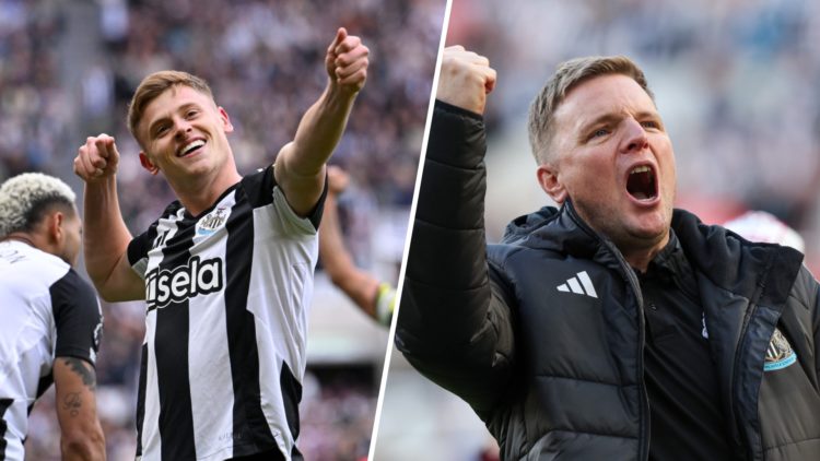Harvey Barnes celebrates scoring for Newcastle United, Eddie Howe celebrates Newcastle United qualifying for the Champions League