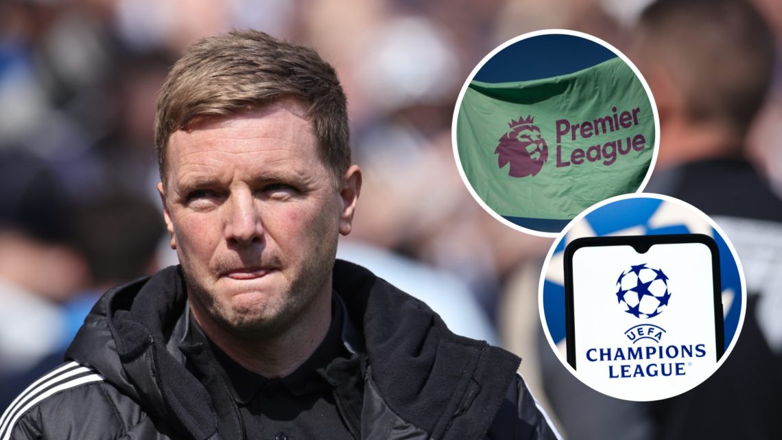 Newcastle United manager Eddie Howe looks on, Premier League logo on a flag, Champions League logo on a phone