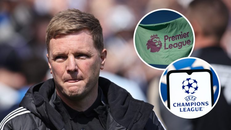 Newcastle United manager Eddie Howe looks on, Premier League logo on a flag, Champions League logo on a phone
