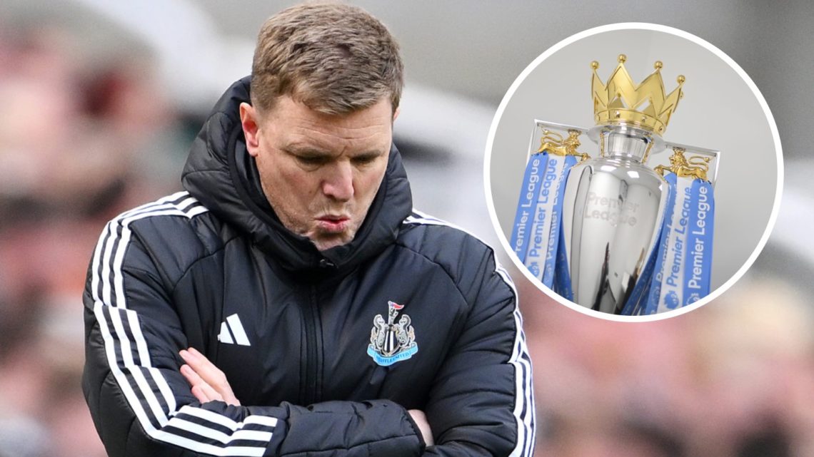 Newcastle United manager Eddie Howe makes an expression of annoyance while looking down. Inset: Premier League trophy.