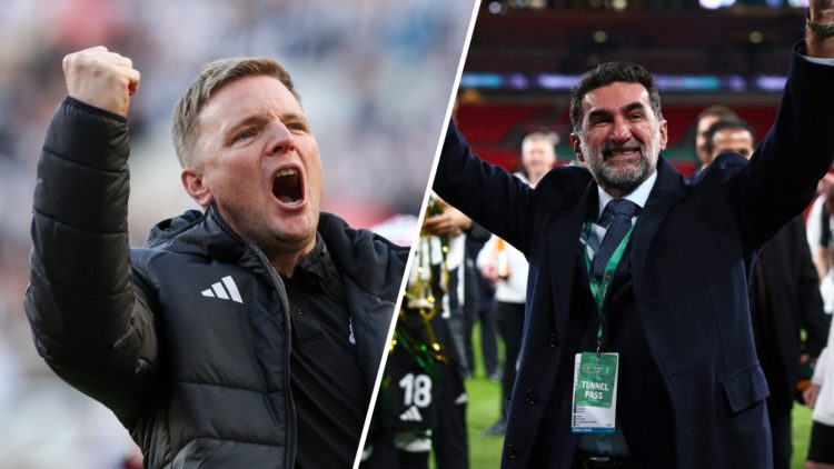 Newcastle United manager Eddie Howe celebrates, Newcastle United chairman Yasir Al-Rumayyan celebrates after winning the Carabao Cup at Wembley