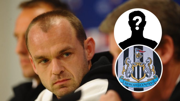 Danny Murphy speaks to the media during his Fulham career, Newcastle United badge on a flag, mystery player