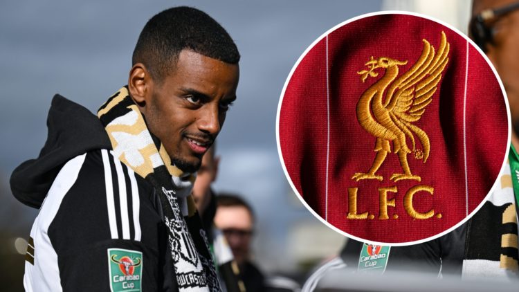 Alexander Isak at Newcastle United's parade after winning the Carabao Cup. Inset, detail view of the Liverpool club crest.