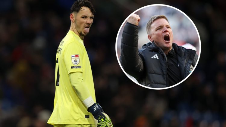 James Trafford gestures to fans during Burnley vs Sheffield United. Eddie Howe celebrates as Newcastle United qualify for the Champions League.
