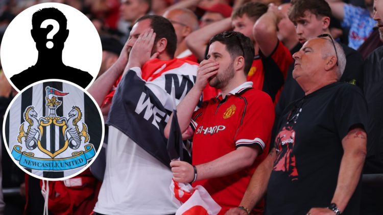 Inset 1, mystery player graphic. Inset 2, detailed view of Newcastle United badge. Manchester United fans look dejected.