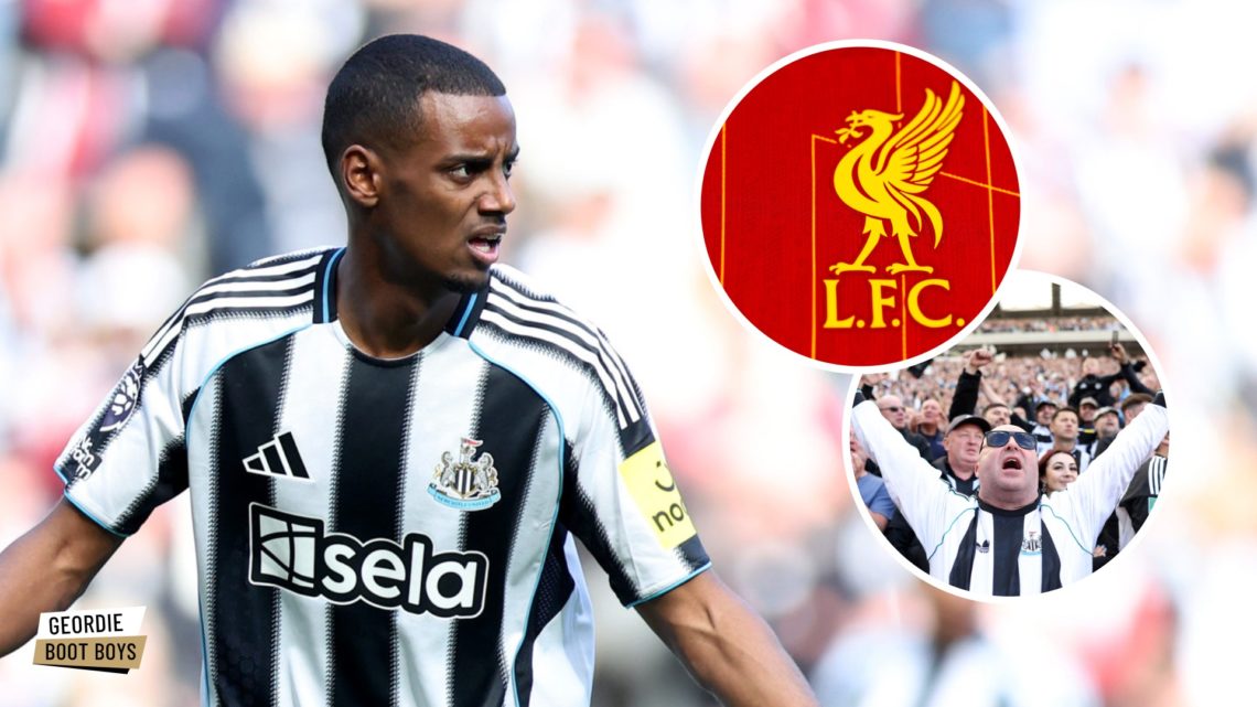 Alexander Isak playing for Newcastle United, Liverpool badge, Newcastle United fans singing