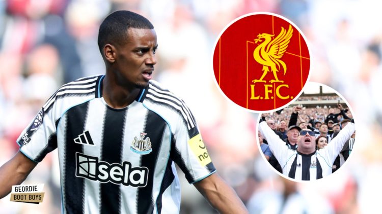 Alexander Isak playing for Newcastle United, Liverpool badge, Newcastle United fans singing