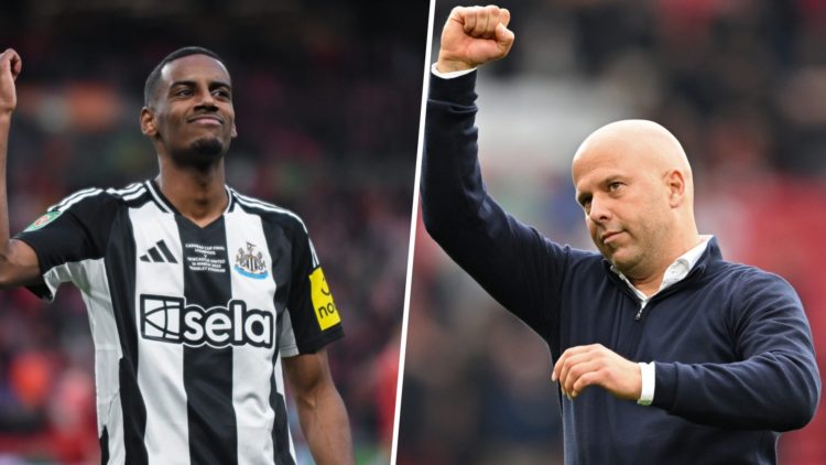 Alexander Isak of Newcastle United (14) celebrates after scoring Newcastle's second goal during the Carabao Cup Final between Liverpool and Newcast...