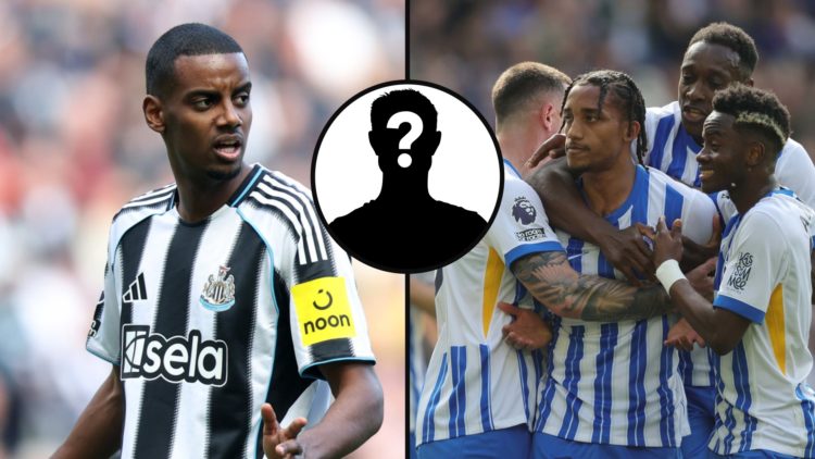 Alexander Isak playing for Newcastle United, Joao Pedro celebrates scoring for Brighton, mystery player