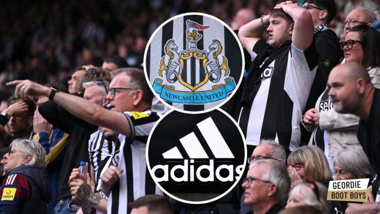 Newcastle United fans watch on nervously, Newcastle United badge on a flag, Adidas logo
