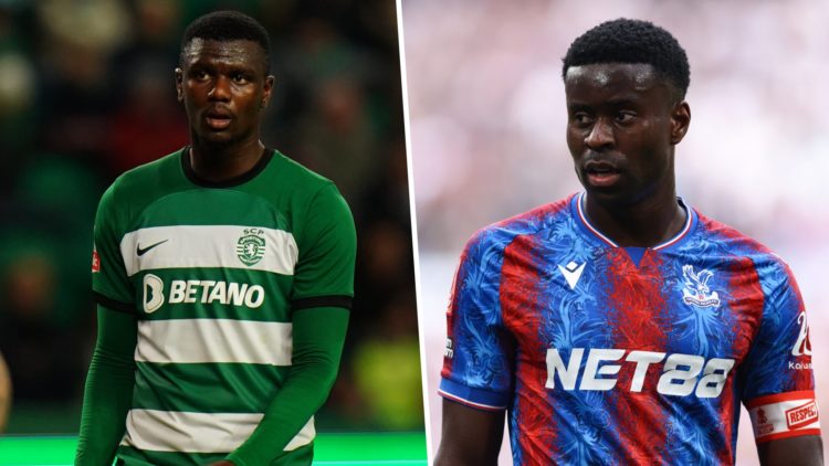 Ousmane Diomande playing for Sporting Lisbon. Marc Guehi looks on during a Crystal Palace game.