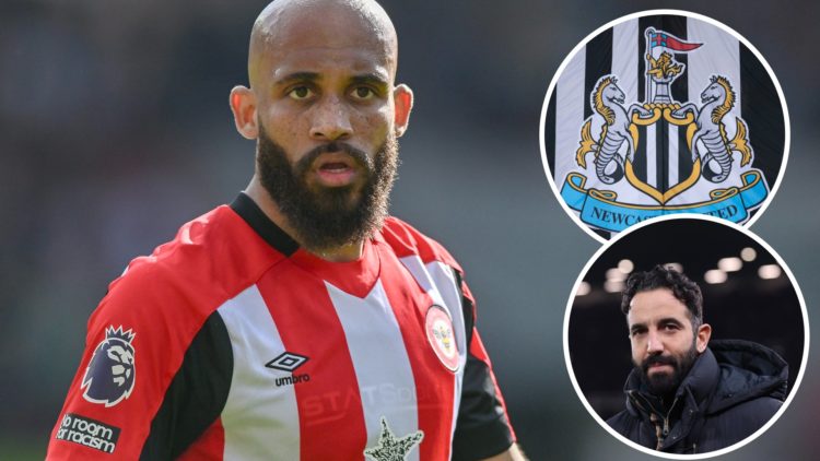 Close-up shot of Bryan Mbeumo playing for Brentford. Inset 1, detailed view of the Newcastle United badge. Inset 2, Ruben Amorim looks on while man...