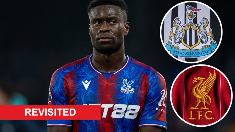 Marc Guehi playing for Crystal Palace. Inset 1, detailed view of the Newcastle United badge. Inset 2, detail view of the Liverpool club crest.