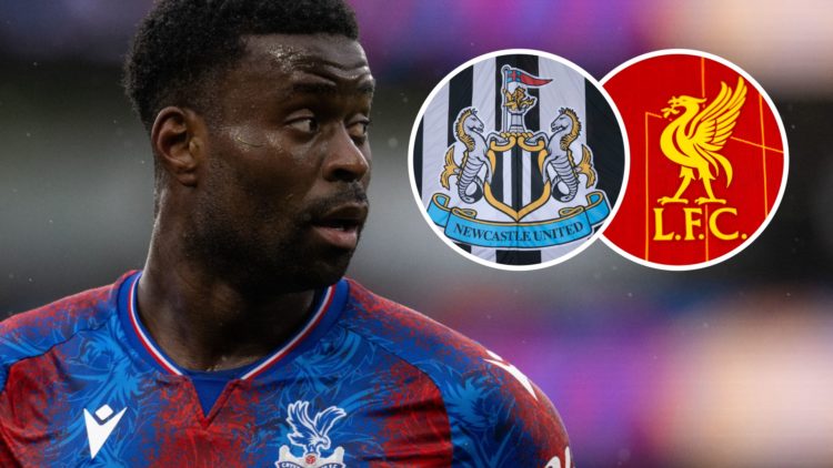 Marc Guehi playing for Crystal Palace, Newcastle United badge, Liverpool badge