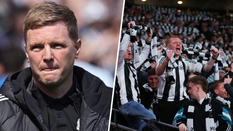 Newcastle United Manager Eddie Howe is present during the Premier League match between Newcastle United and Chelsea at St. James's Park. Newcastle ...