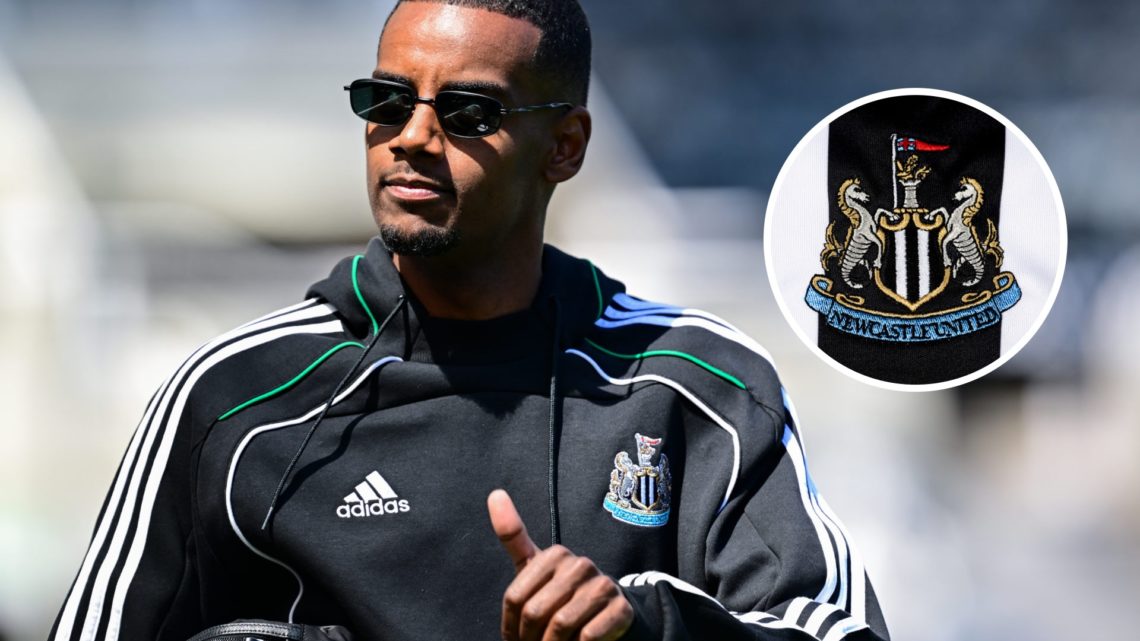 Alexander Isak of Newcastle United arrives for the Premier League match between Newcastle United FC and Everton FC. Inset: the Newcastle United crest