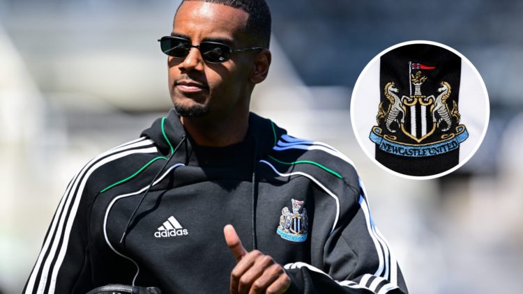 Alexander Isak of Newcastle United arrives for the Premier League match between Newcastle United FC and Everton FC. Inset: the Newcastle United crest