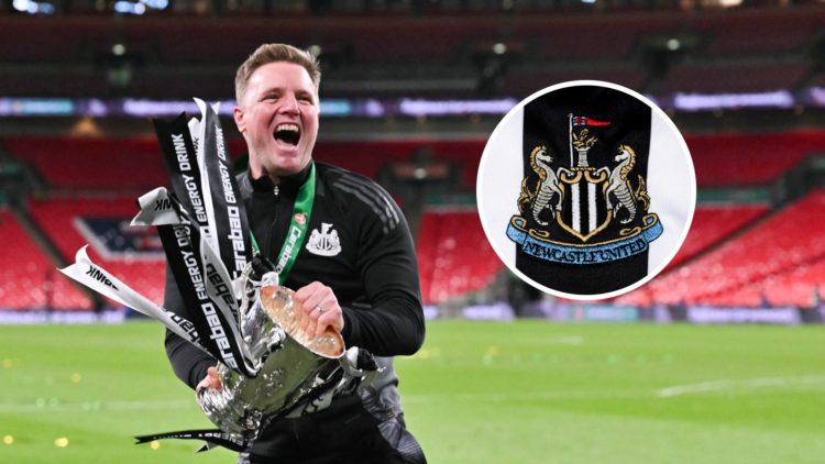 Newcastle United's English head coach Eddie Howe celebrates with the League Cup trophy after winning the English League Cup final football match be...