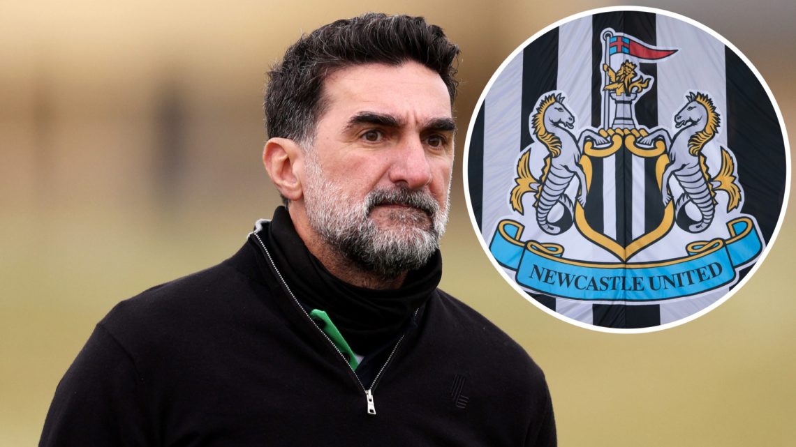 Newcastle United chairman Yasir Al-Rumayyan is pictured at a golf event, Inset, detailed view of the Newcastle United badge.