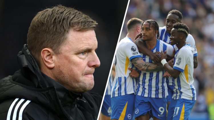 Newcastle United manager Eddie Howe looking concerned, Joao Pedro celebrates scoring for Brighton