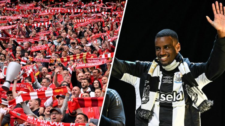 A general view as fans of Liverpool hold up scarfs as they enjoy the pre match atmosphere prior to the Premier League match between Liverpool FC an...