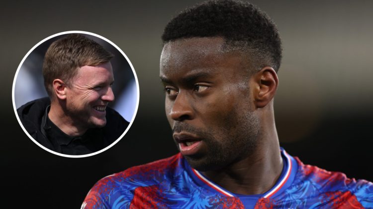 Marc Guehi playing for Crystal Palace, Newcastle United manager Eddie Howe smiles