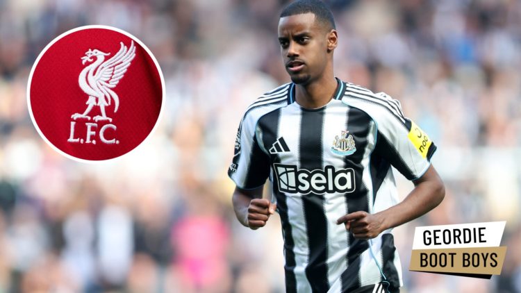Alexander Isak looks on during Newcastle United's game against Everton. Inset, a detailed view of the Liverpool FC club badge.