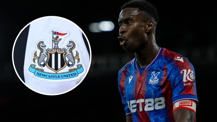 Marc Guehi pictured during Crystal Palace's FA Cup game against Stockport County. Inset, a detailed view of the Newcastle United emblem.