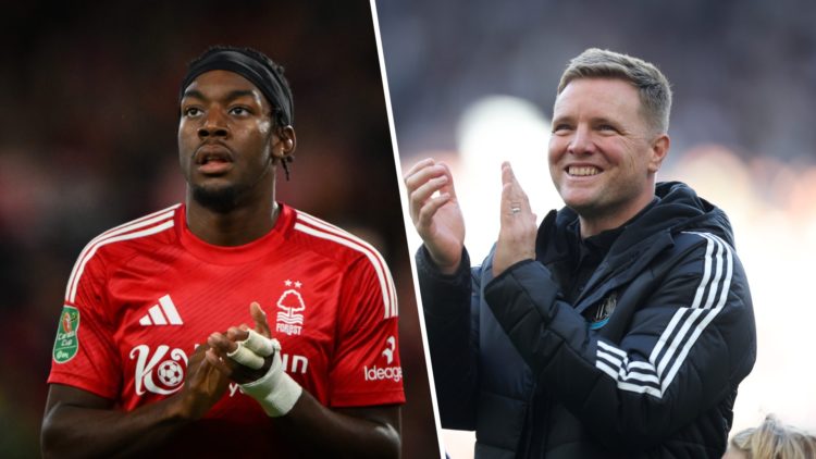 Anthony Elanga is pictured during a Premier League game between Nottingham Forest and Newcastle United. Eddie Howe applauds towards Newcastle Unite...