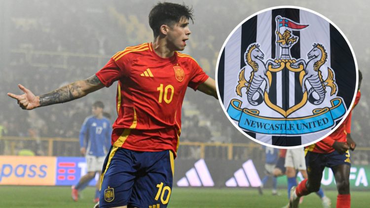 Antonio Cordero celebrates a goal for Spain U19. Inset, detailed view of the Newcastle United badge.
