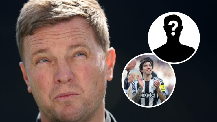 Eddie Howe, Manager of Newcastle United, speaks to the media prior to the Premier League match between Newcastle United FC and Chelsea FC. Inset: N...