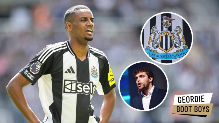 Newcastle United's Alexander Isak in action during the Premier League match between Newcastle United and Chelsea at St James' Park. Inset: Football...