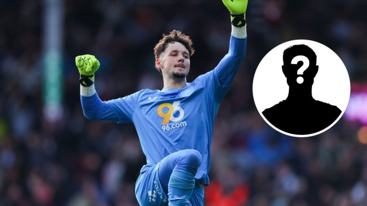 Goalkeeper James Trafford celebrates a Burnley goal. Inset, mystery player graphic.