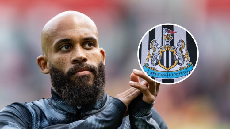 Bryan Mbeumo applauds the Brentford fans, Newcastle United badge on a flag