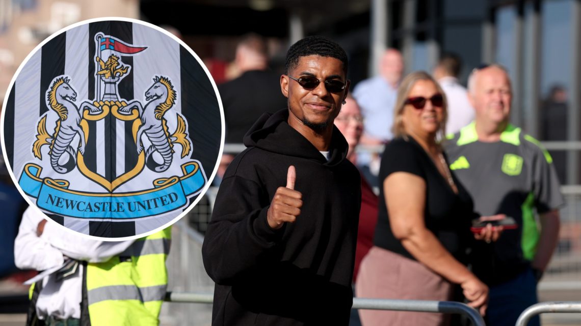 Marcus Rashford arrives at Villa Park before Aston Villa play Tottenham. Inset, detailed view of the Newcastle United badge.