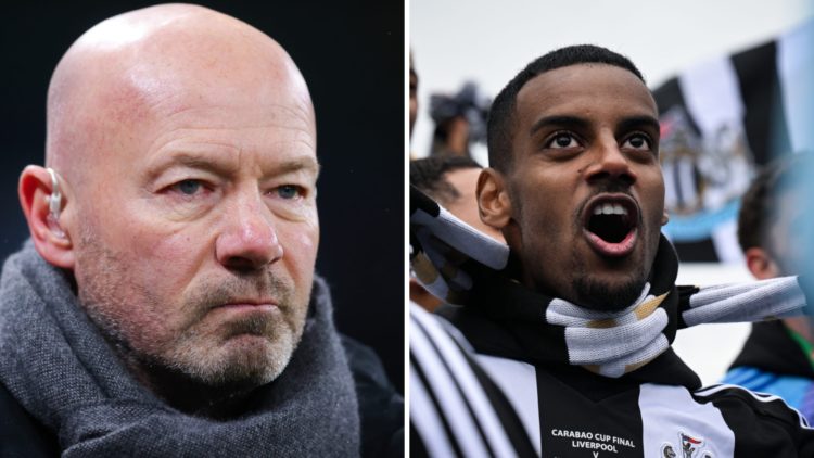 Alan Shearer working as a pundit. Alexander Isak celebrating Newcastle United's Carabao Cup win.