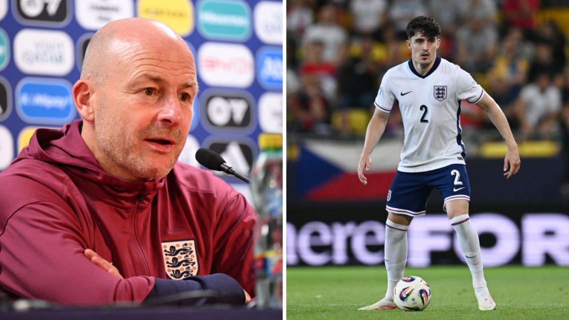 Lee Carsley speaks to a press conference. Tino Livramento playing for England U21s.