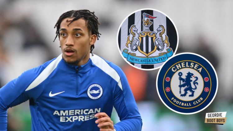 Joao Pedro warming up for Brighton, Newcastle United badge, Chelsea badge
