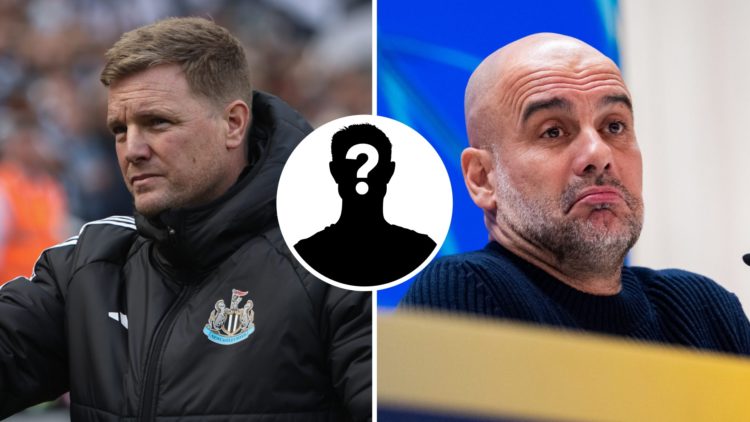 Eddie Howe managing Newcastle United, Manchester City manager Pep Guardiola addresses the media, mystery player