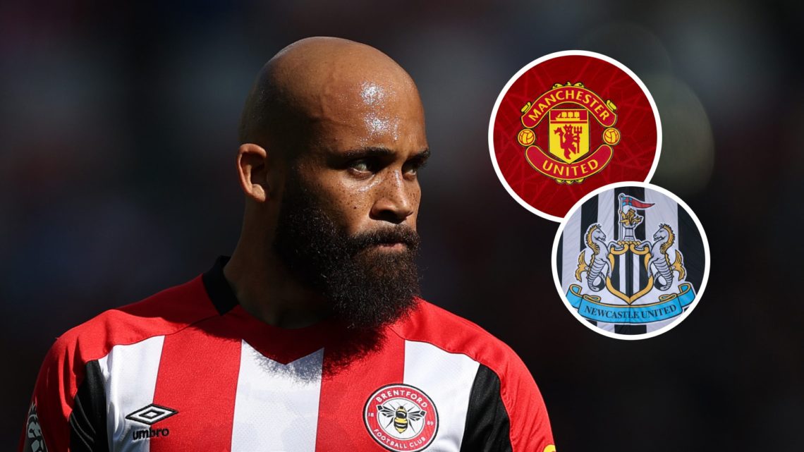 Bryan Mbeumo representing Brentford, Manchester United official club badge, Newcastle United badge on a flag