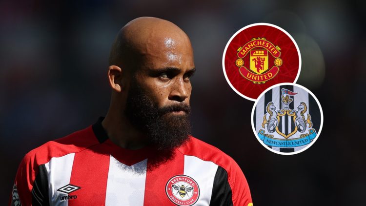 Bryan Mbeumo representing Brentford, Manchester United official club badge, Newcastle United badge on a flag