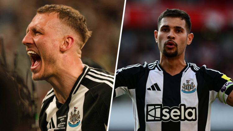 Dan Burn celebrates Newcastle United winning the Carabao Cup, Bruno Guimaraes playing for Newcastle United
