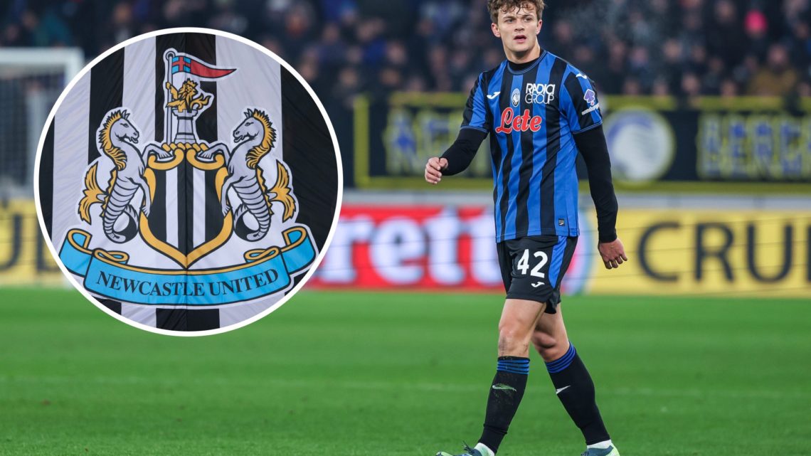 Giorgio Scalvini of Atalanta BC looks on during a Serie A game against Juventus. Inset, detailed view of the Newcastle United badge.